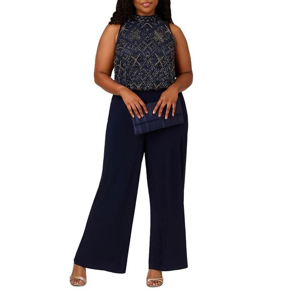Adrianna Papell Pants - Adrianna Papell Beaded Wide-Leg Formal Sleeveless Halter Jumpsuit Blue Size 18